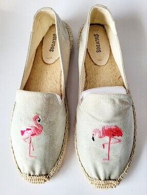 Soludos Cotton Canvas Espadrilles with Pink Flamingo Embroidery Cream US 9-9.5